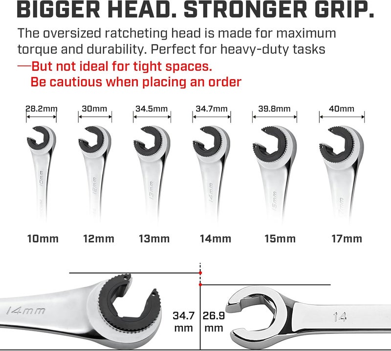 ironcube Brake Line Wrench Set: Metric 10-17mm - Ratcheting Open-end for Nuts on Fuel, Brake or Air Conditioning Lines - Image 4